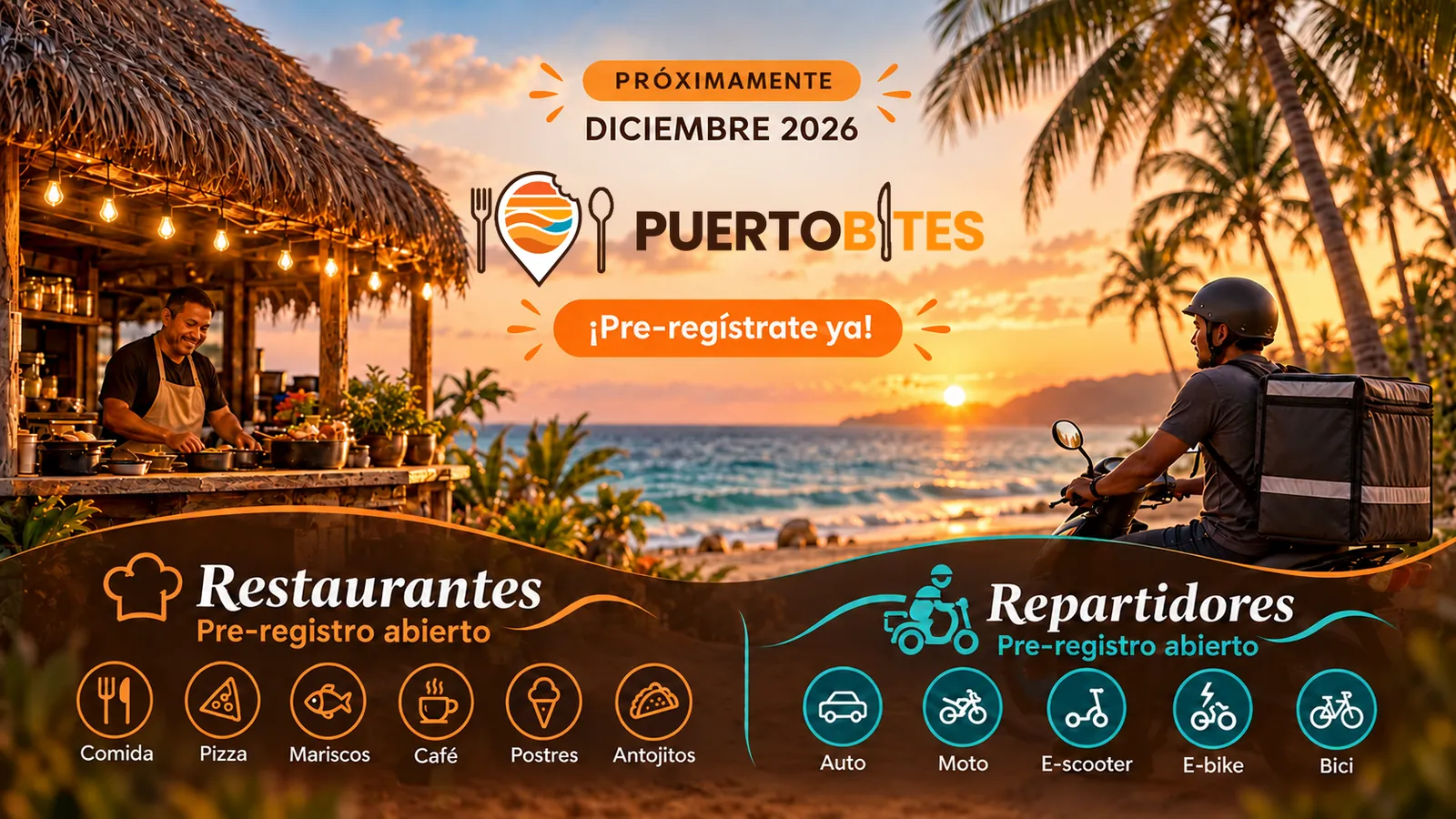 PuertoBites: próximamente, diciembre 2026. Pre-regístrate: restaurantes y repartidores.